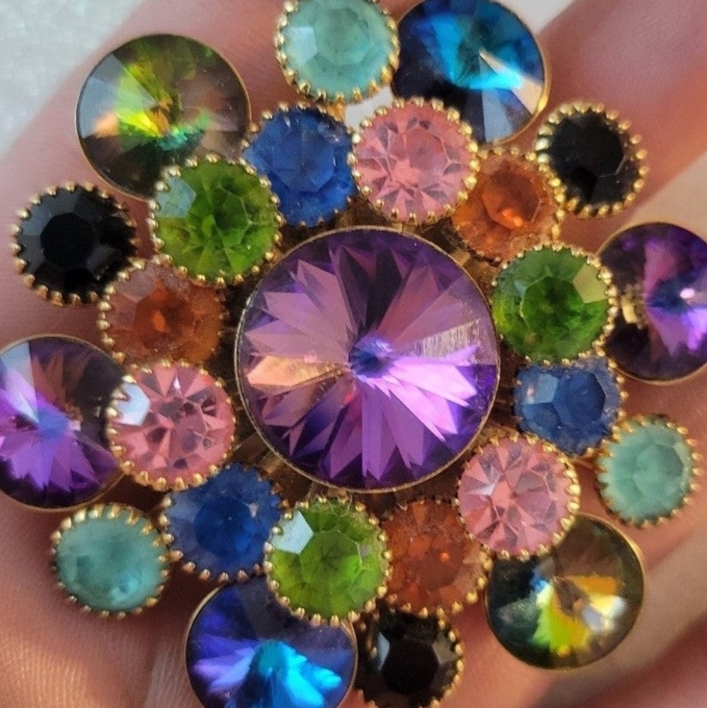 Amazing  vintage multi color Rivoli brooch. Stunning large.  Good vintage